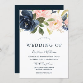 ネイビーブルー赤面ピンクウォーターカラーフローラ結婚ズ 招待状