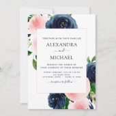 ネイビーブルー赤面ピンクウォーターカラーフローラ結婚ズ 招待状 (正面)