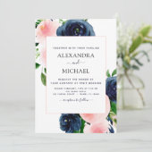 ネイビーブルー赤面ピンクウォーターカラーフローラ結婚ズ 招待状 (スタンド正面)