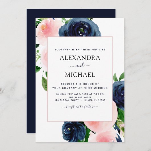ネイビーブルー赤面ピンクウォーターカラーフローラ結婚ズ 招待状 (正面/裏面)