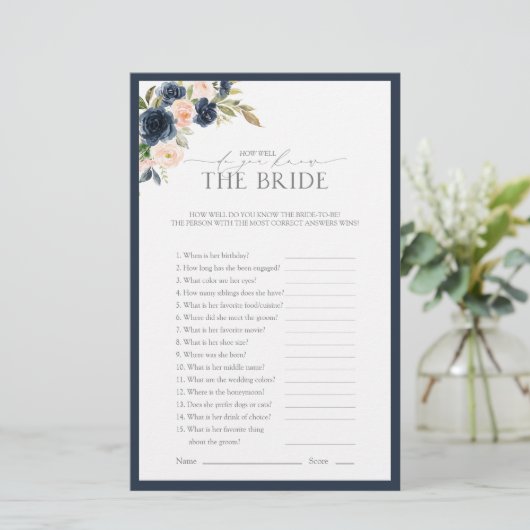 ネイビーブルー赤面ピンクウォーターカラーブライダルシャワーゲーム (スタンド正面)