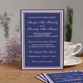 ネイビーブルー赤面ピンククラシック結婚式招待状 招待状