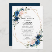 ネイビーブルー赤面ピンクジオメトリックブライダルシャワー 招待状 (正面/裏面)