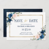 ネイビーブルー赤面ピンクジオメトリック日付カードを保存 (正面/裏面)