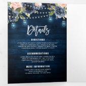 ネイビーブルー赤面ピンクストリングライツリ結婚フォールド 三つ折り案内状 (内部最初)