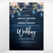 ネイビーブルー赤面ピンクストリングライツリ結婚フォールド 三つ折り案内状 (内部中)