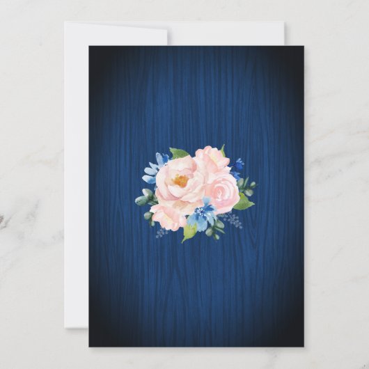 ネイビーブルー赤面ピンクストリングライトフローラ結婚ズ 招待状 (裏面)