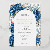 ネイビーブルー赤面ピンクダスティーフローラアー結婚チズ 箔招待状 (正面)