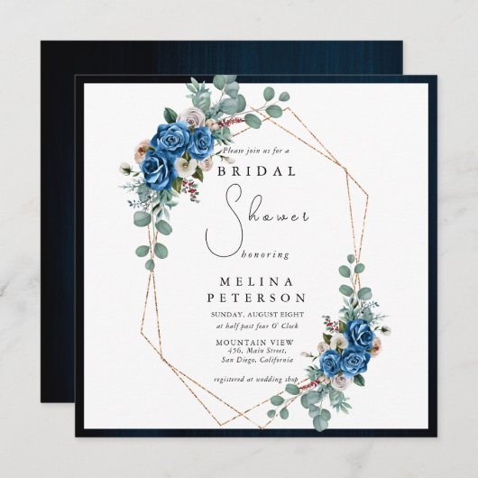ネイビーブルー赤面ピンクダスティーフローラブライダルシャワー 招待状 (正面/裏面)