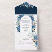 ネイビーブルー赤面ピンクダスティー結婚フローラ オールインワン招待状 (内側)