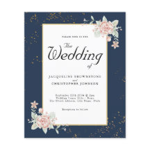 ネイビーブルー赤面ピンクバジェット結婚式招待状フライ