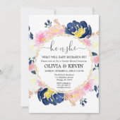 ネイビーブルー赤面ピンクフローラのジェンダーリビール 招待状 (正面)