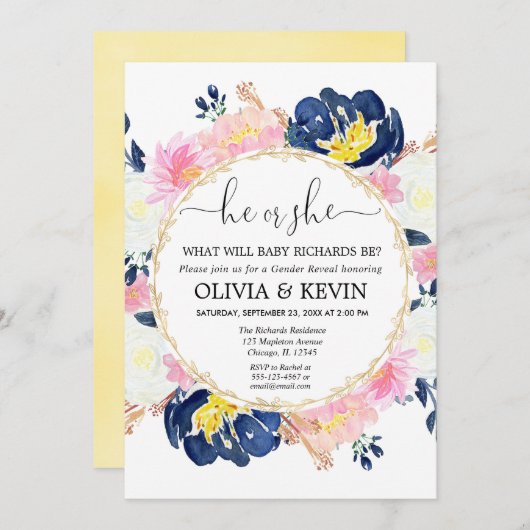 ネイビーブルー赤面ピンクフローラのジェンダーリビール 招待状 (正面/裏面)