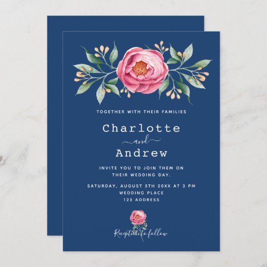 ネイビーブルー赤面ピンクフローラエレガントな結婚式 招待状 (正面/裏面)