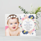 ネイビーブルー赤面ピンクフローラガールバプテスマ写真 招待状 (スタンド正面)