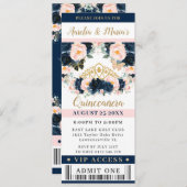 ネイビーブルー赤面ピンクフローラキンセアニラVIPチケット 招待状 (正面/裏面)