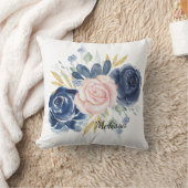 ネイビーブルー赤面ピンクフローラパーソナライズ クッション (ブランケット)