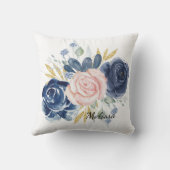 ネイビーブルー赤面ピンクフローラパーソナライズ クッション (裏面)