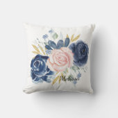 ネイビーブルー赤面ピンクフローラパーソナライズ クッション (正面)
