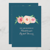 ネイビーブルー赤面ピンクフローラブライダルシャワー 招待状 (正面/裏面)