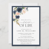 ネイビーブルー赤面ピンクフローラライフお祝い 招待状 (正面)