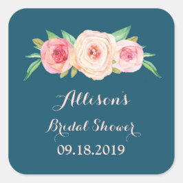 ネイビーブルー赤面ピンクフローラルブライダルシャワーメッセージカード スクエアシール