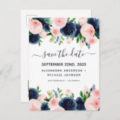 ネイビーブルー赤面ピンクフローラ保存日 案内ポストカード (正面/裏面)