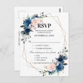 ネイビーブルー赤面ピンクフローラ幾何学的RSVP ポストカード (正面/裏面)