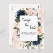 ネイビーブルー赤面ピンクフローラ日付の変更 ポストカード (正面/裏面)