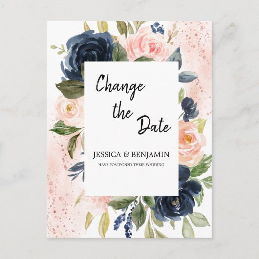 ネイビーブルー赤面ピンクフローラ日付の変更 ポストカード (正面)