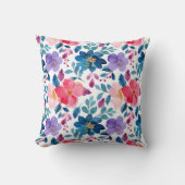 ネイビーブルー赤面ピンクフローラ水彩パターン クッション (正面)