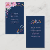 ネイビーブルー赤面ピンクフローラ水彩垂直 名刺 (正面/裏面)