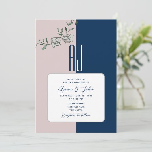 ネイビーブルー赤面ピンクフローラ結婚式招待状 招待状 (スタンド正面)