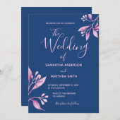 ネイビーブルー赤面ピンクフローラ結婚植物学 招待状 (正面/裏面)