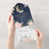 ネイビーブルー赤面ピンクフローラ金ゴールドムーンベビーシャワー オールインワン招待状 (貼ってはがせる)