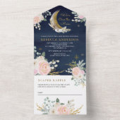 ネイビーブルー赤面ピンクフローラ金ゴールドムーンベビーシャワー オールインワン招待状 (内側)