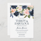 ネイビーブルー赤面ピンクフローラ30th誕生日パーティー 招待状 (正面/裏面)