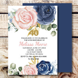 ネイビーブルー赤面ピンクフローラ40歳の誕生日 招待状