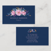 ネイビーブルー赤面ピンクブーケフローラ水彩 名刺 (正面/裏面)