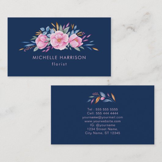 ネイビーブルー赤面ピンクブーケフローラ水彩 名刺 (正面/裏面)