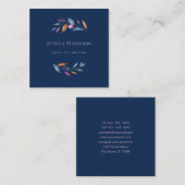 ネイビーブルー赤面ピンクミニマルフローラ水彩 スクエア名刺 (正面/裏面)