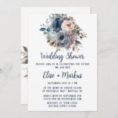 ネイビーブルー赤面ピンクローズウェディングシャワー 招待状 (正面/裏面)