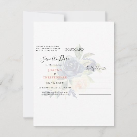 ネイビーブルー赤面ピンクローズカレンダー日付Aを保存 案内状 (裏面)