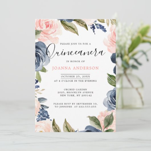 ネイビーブルー赤面ピンクローズキンセアニェラ 招待状 (スタンド正面)