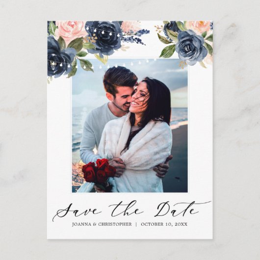 ネイビーブルー赤面ピンクローズストリングライト写真 案内ポストカード (正面)