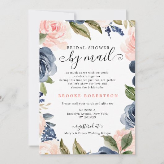 ネイビーブルー赤面ピンクローズブライダルシャワーバイメール 招待状 (正面)