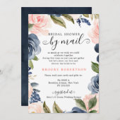 ネイビーブルー赤面ピンクローズブライダルシャワーバイメール 招待状 (正面/裏面)