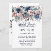 ネイビーブルー赤面ピンクローズブライダルシャワー 招待状 (正面/裏面)