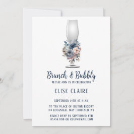 ネイビーブルー赤面ピンクローズブランチ&バブリー 招待状