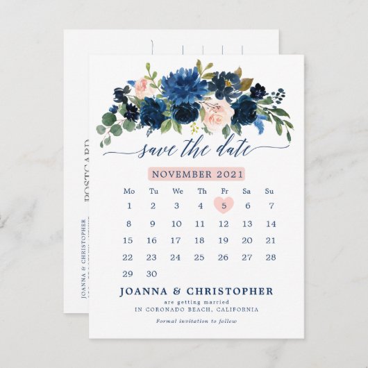 ネイビーブルー赤面ピンクローズボタニカルセーブ 案内ポストカード (正面/裏面)